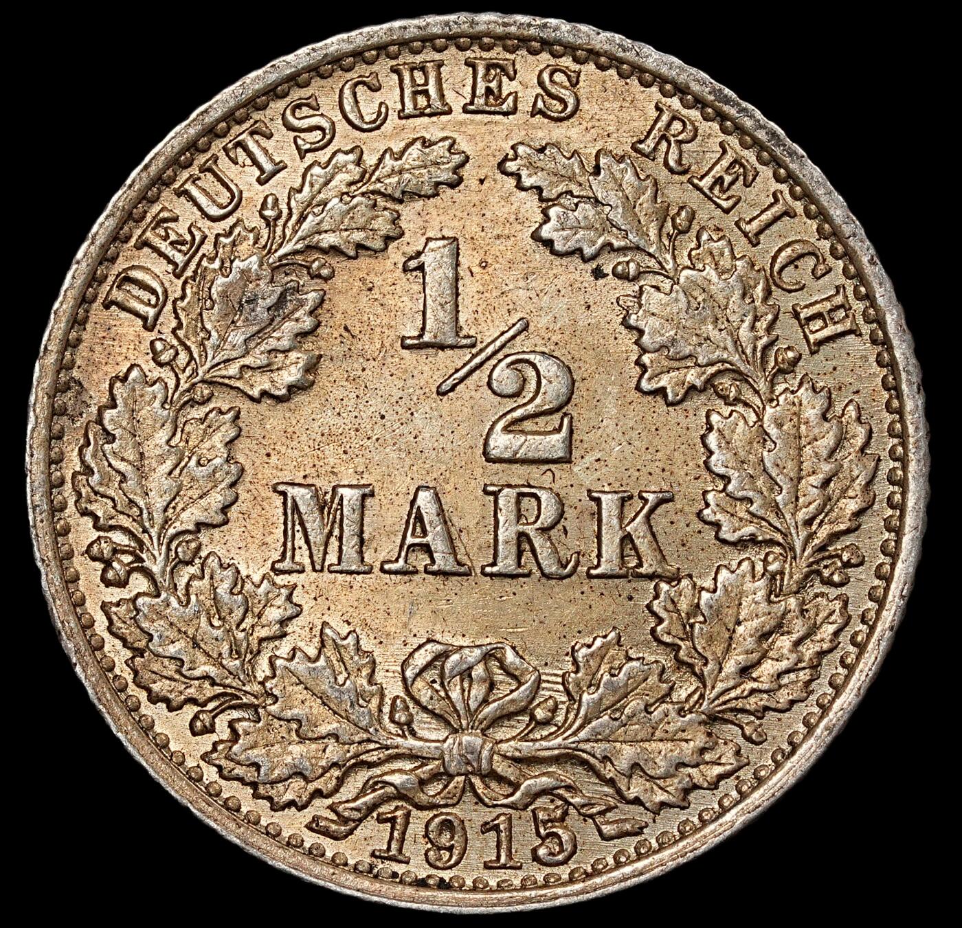 修遠堂世界钱币第一百期 1915年德国1/2马克银币 G厂铭，未流通，2.77g，含银90%