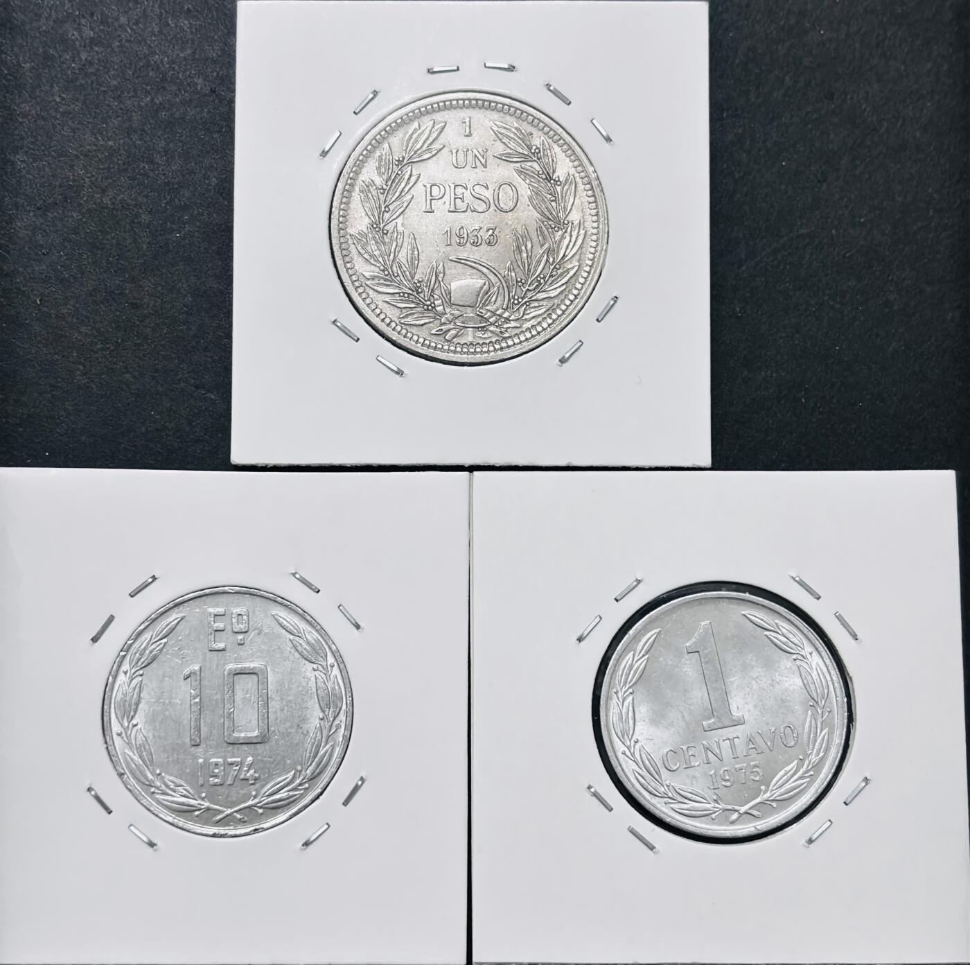 文馨钱币收藏 迎新纳福2026新年第一场（第 287 场）金银老铜币拍卖 原光品相智利 1933 年 1 比索，1974，75 一分十分，共三枚，收藏品相