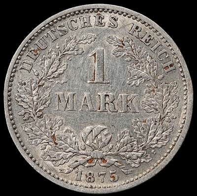 修遠堂世界钱币第一百期 - 1875年德国1马克银币 F厂铭，5.51g，含银90%