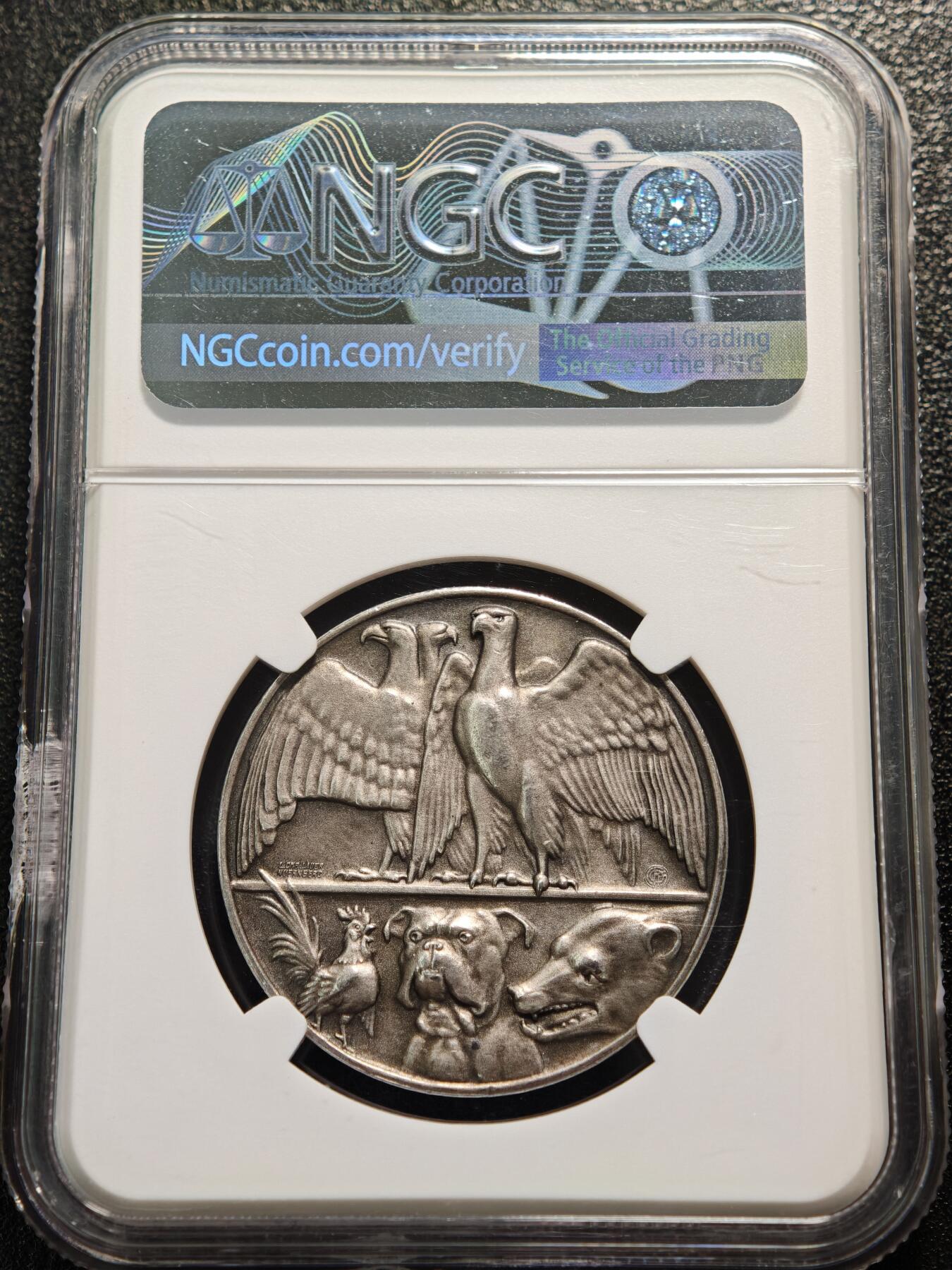 【德藏】世界币章拍卖第160期 1914年德国一战德奥同盟抵抗法国英国俄国纪念银章 NGC MS63 生动活泼 不同动物代表不同国家 寓意深远