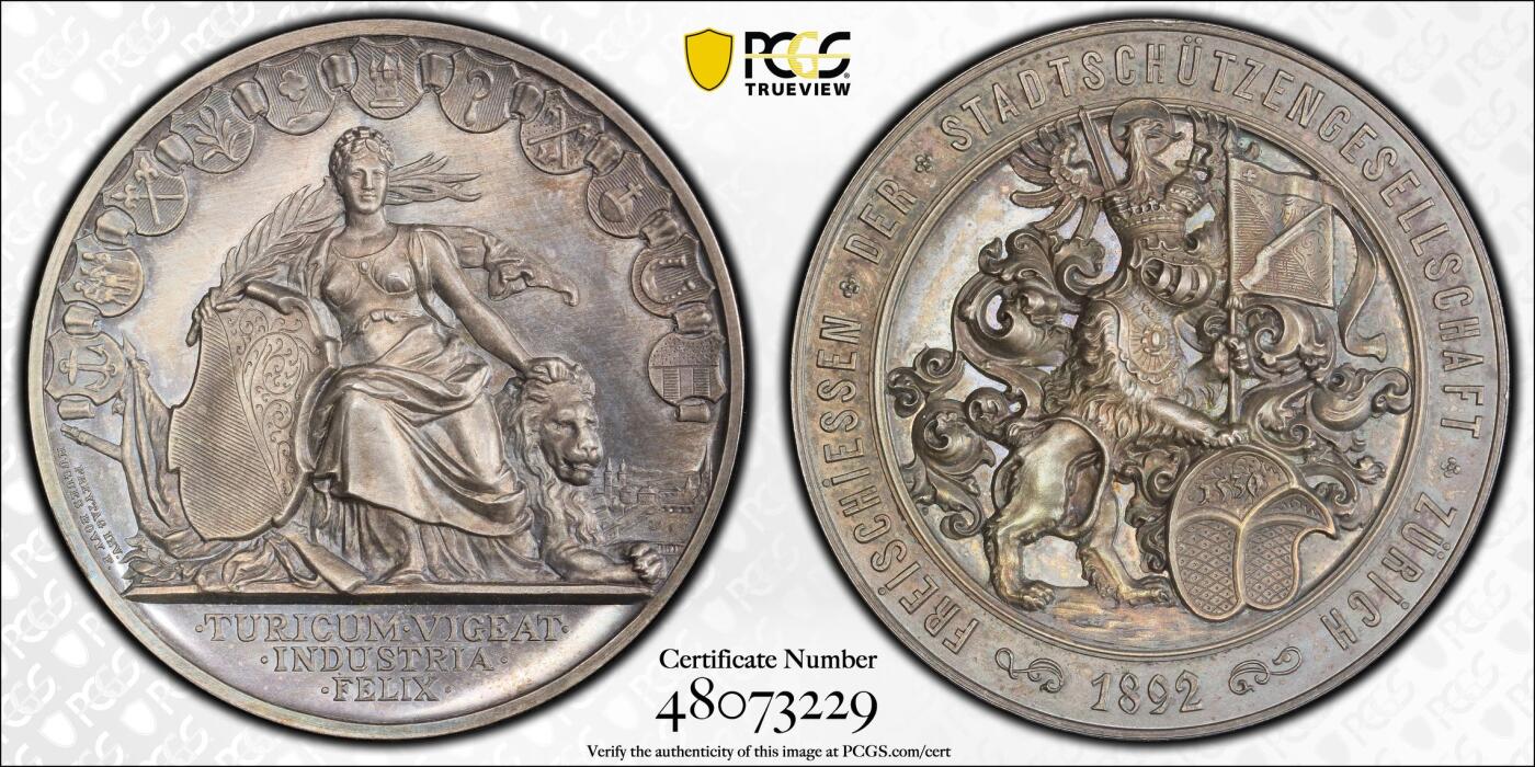 博洋堂“岁启嘉年”2026新年精品大拍专场暨第155期（全场包邮） PCGS SP65 1892年瑞士苏黎世州射击节银章，直径48mm，难得经典品种，高分状态颇佳