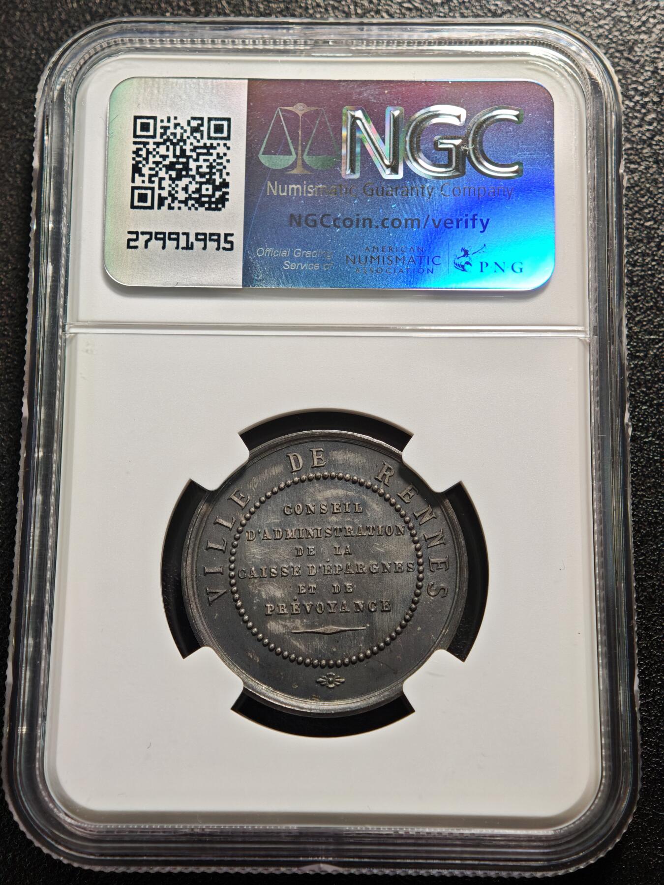 【德藏】世界币章拍卖第160期 19世纪 法国雷恩储蓄银行纪念银章代用币 NGC MS64 深邃原味老包浆 设计立体感十足