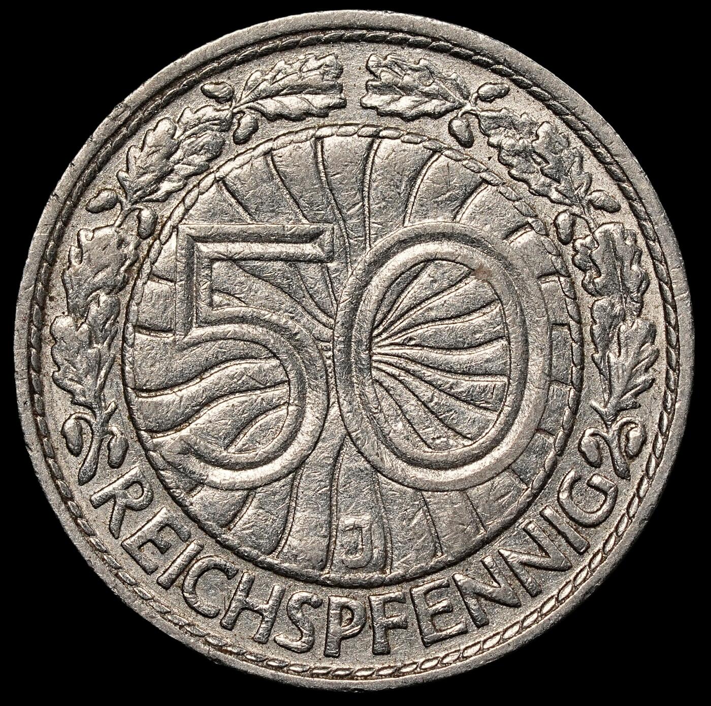 修遠堂世界钱币第一百期 1931年德国50芬尼 J厂铭，铜镍合金，稀少年份厂铭，书价XF40品标价200美金