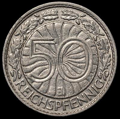 修遠堂世界钱币第一百期 - 1931年德国50芬尼 J厂铭，铜镍合金，稀少年份厂铭，书价XF40品标价200美金