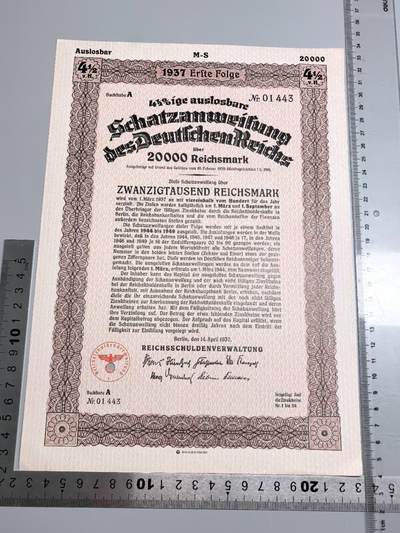 小驴勋章奖章收藏1月2日周五晚六点拍卖（珍爱和平，收藏战争，铭记历史，勿忘国耻，忠党爱国。有偿代拍，送拍规则在简介最后，参拍须阅读规则后再参拍，关系到运费包装发货时效真假辨别等关键信息，拍卖时不再发原图，看大图店主微信码在拍卖店铺介绍里） - 1937年20000马克国债