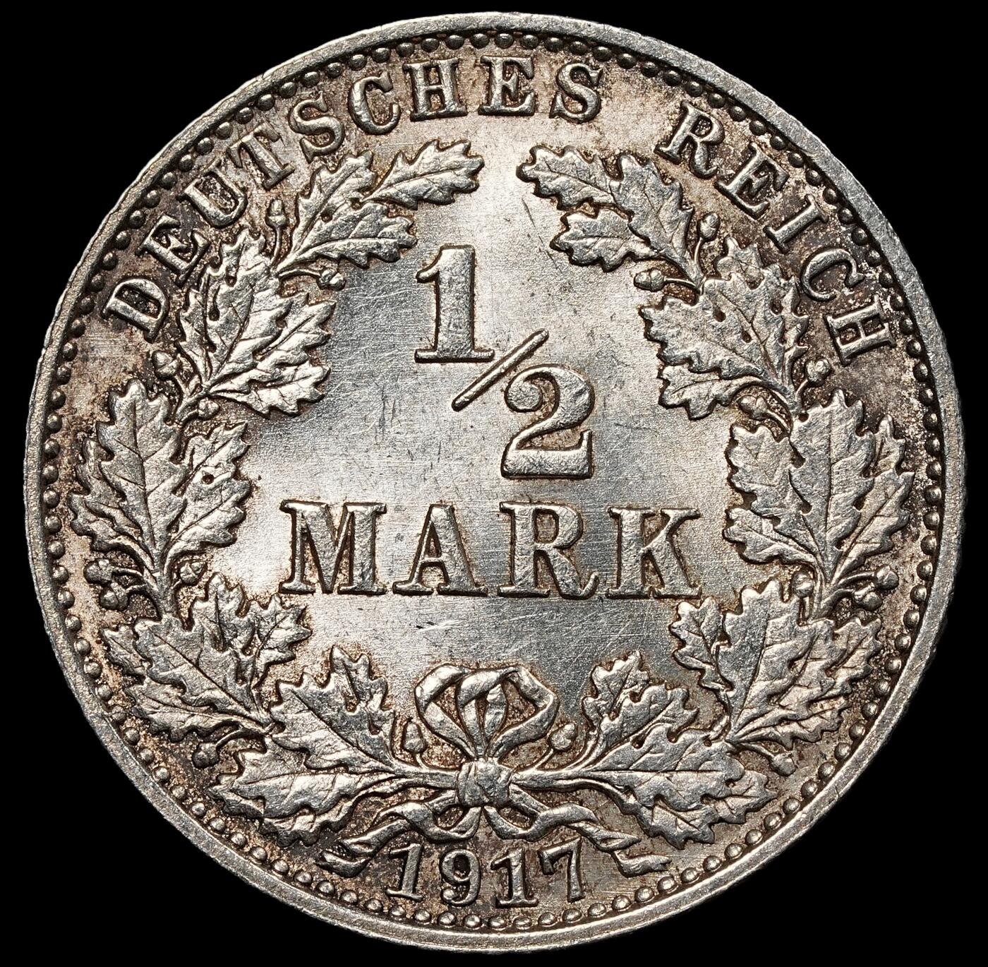 修遠堂世界钱币第一百期 1917年德国1/2马克银币 E厂铭，未流通，2.77g，含银90%