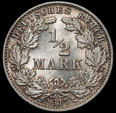 修遠堂世界钱币第一百期 - 1917年德国1/2马克银币 E厂铭，未流通，2.77g，含银90%