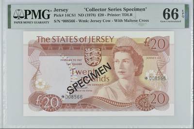 《艾美收藏》第227期-1.3周六外币黄金场-马年首拍 - 泽西20镑 PMG66E 1978年样钞 无47