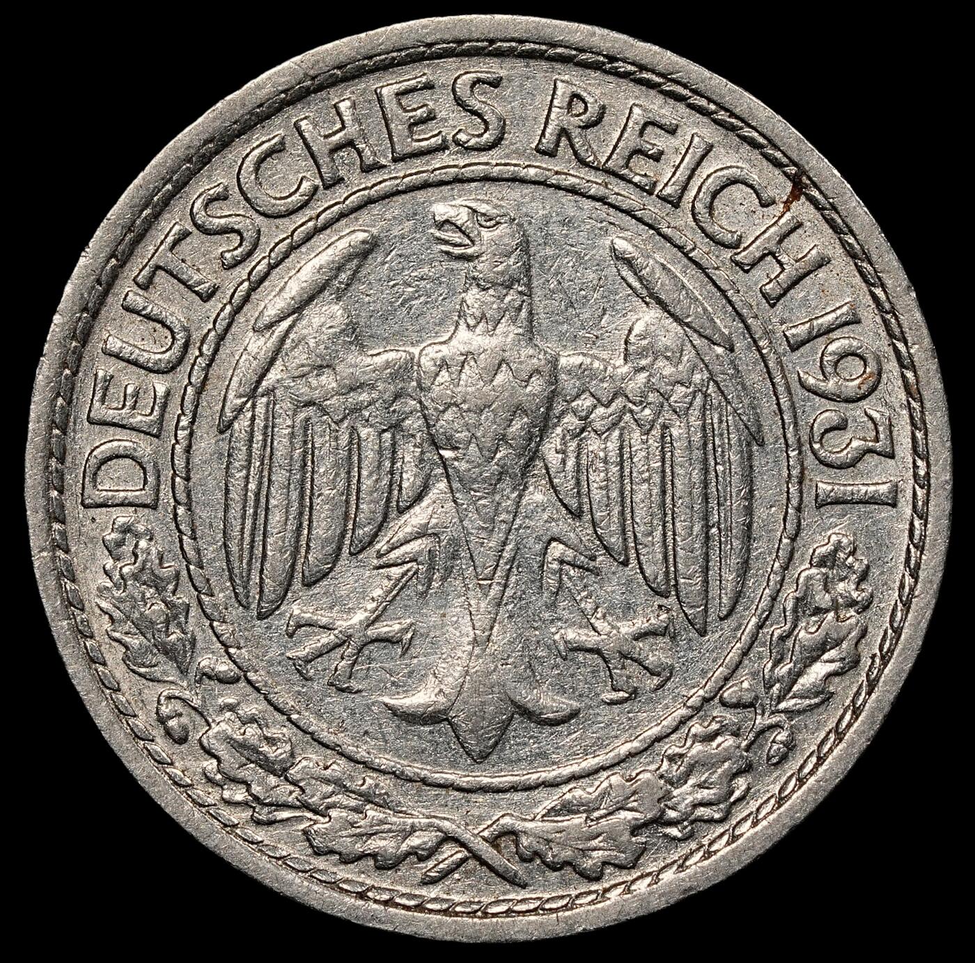 修遠堂世界钱币第一百期 1931年德国50芬尼 J厂铭，铜镍合金，稀少年份厂铭，书价XF40品标价200美金