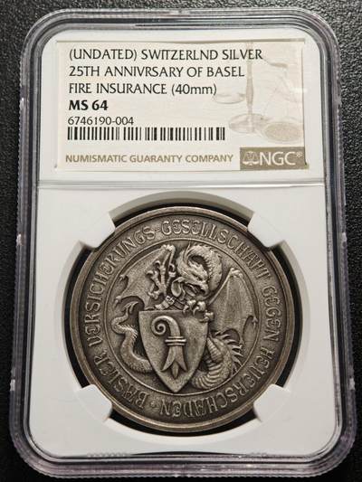 【德藏】世界币章拍卖第160期 - 19世纪瑞士25周年巴塞尔火灾保险纪念银章 巴塞尔神兽非常经典 NGC MS64