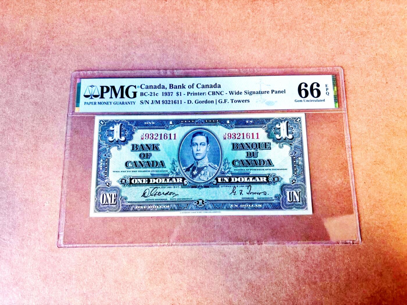 【Blue Auction】世界纸币精拍第771期——18级TOP拍卖/信誉/品质/专业/高效💫 【无47】加拿大 1937年1元 PMG66EPQ 高分 英王乔六 丰收女神