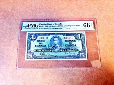 【Blue Auction】世界纸币精拍第771期——18级TOP拍卖/信誉/品质/专业/高效💫 - 【无47】加拿大 1937年1元 PMG66EPQ 高分 英王乔六 丰收女神