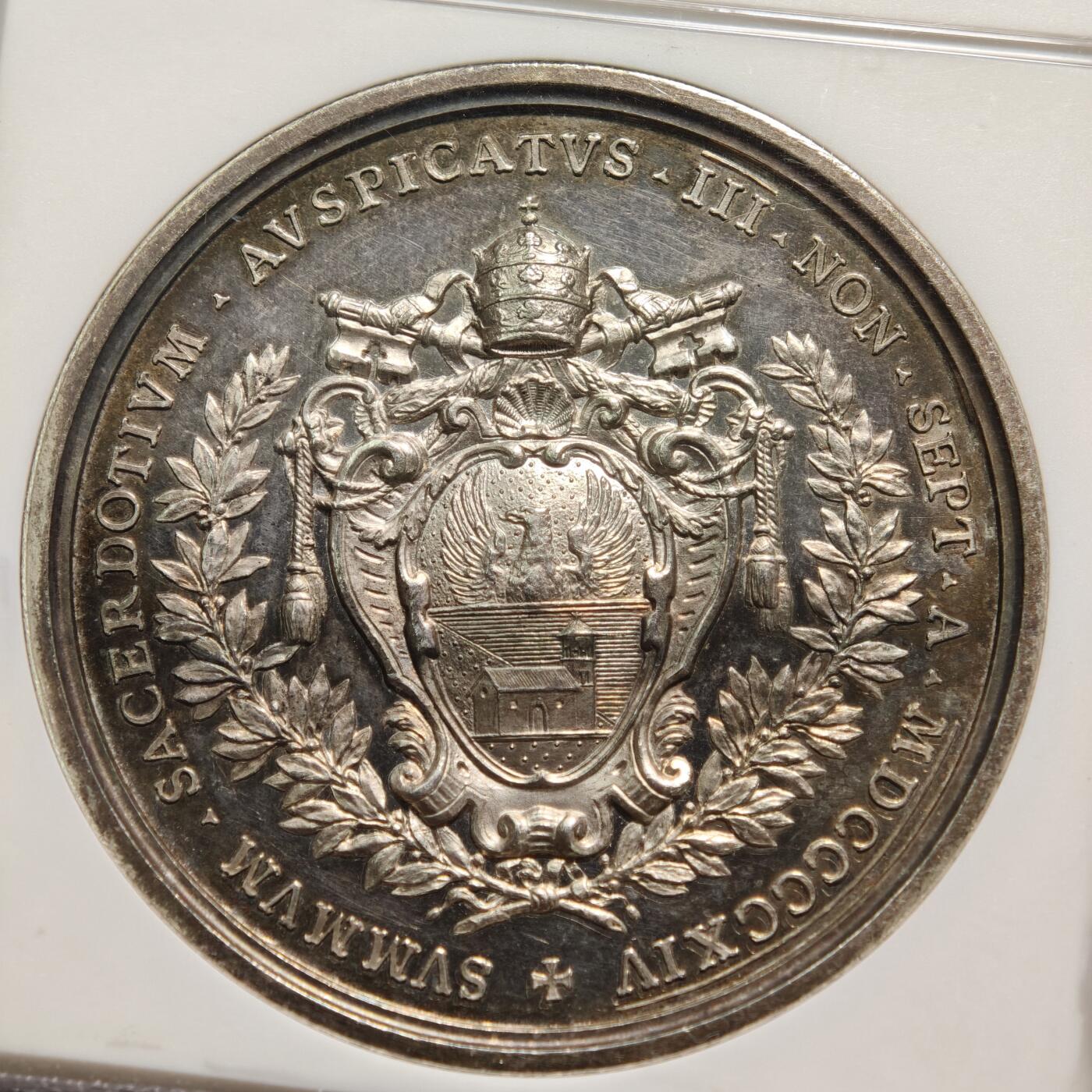 【德藏】世界币章拍卖第160期 1914年 梵蒂冈本笃十五世教皇宗教选举会议纪念银章 NGC MS62 原味包浆