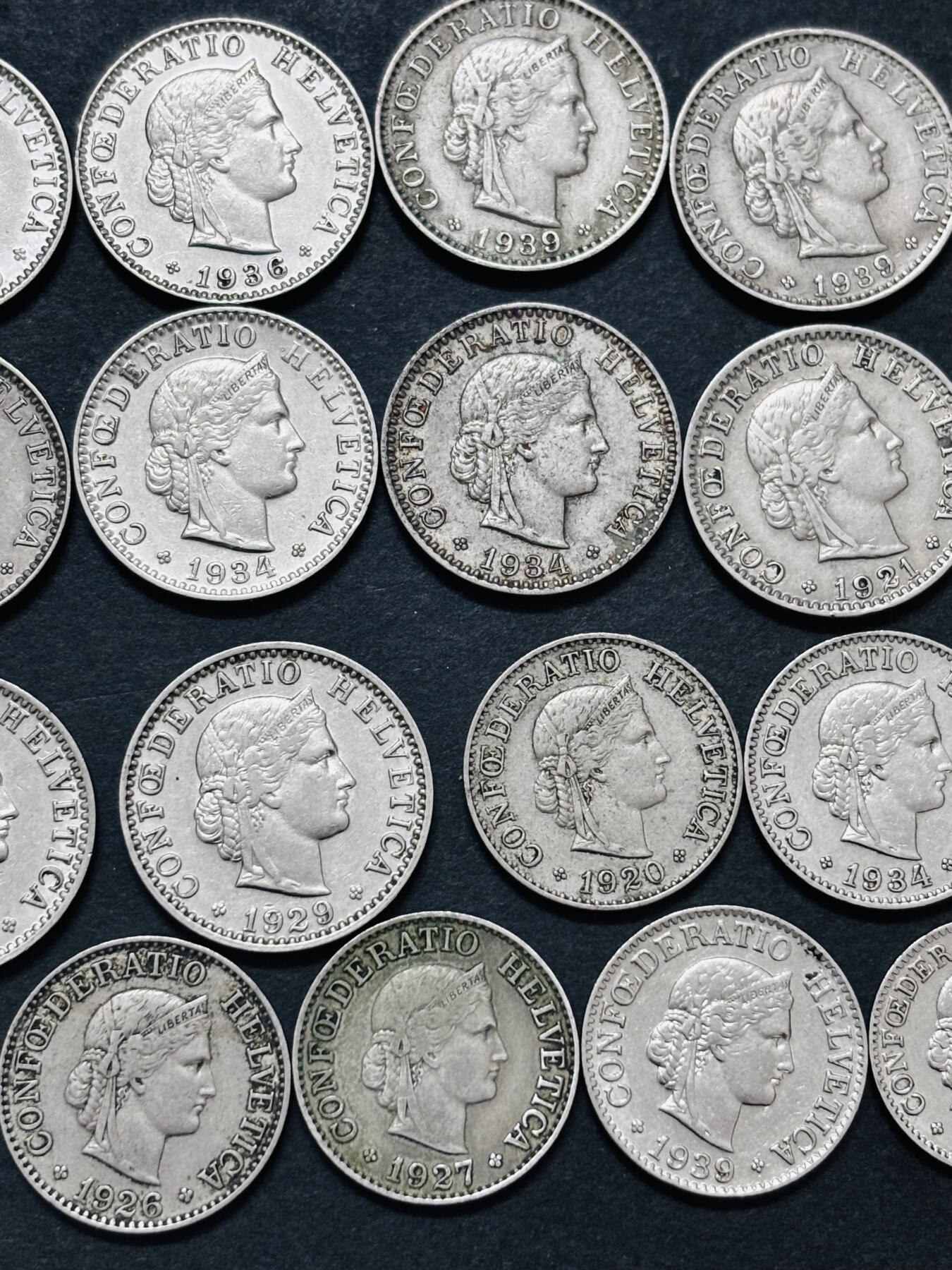 文馨钱币收藏 迎新纳福2026新年第一场（第 287 场）金银老铜币拍卖 少见早期极美品 1920-1939 年瑞士 5-10-20 生丁 21 枚，对应民国 9 年---18 年时期，所见美品网上也要小几十一枚