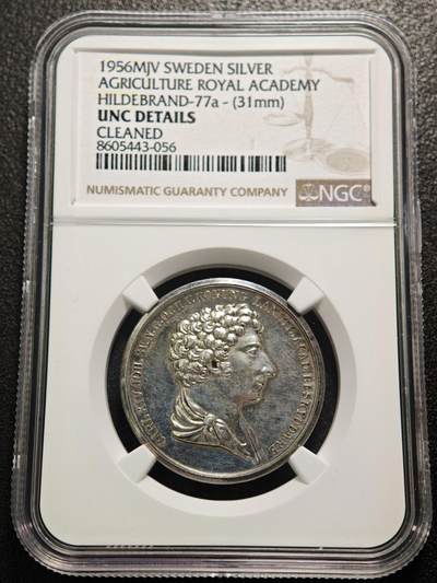 【德藏】世界币章拍卖第160期 - 1956年瑞典农业皇家科学院银章 NGC UNC 精美小品章 镜面底板