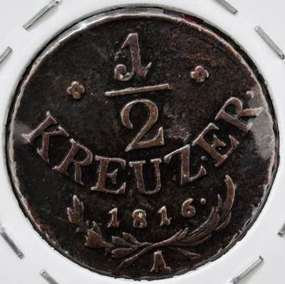 文馨钱币收藏 迎新纳福2026新年第一场（第 287 场）金银老铜币拍卖 - 少见极美品 1816 年奥地利 （弗朗茨·约瑟夫一世 ）1/2 库鲁泽铜币 A 厂（维也纳铸造）