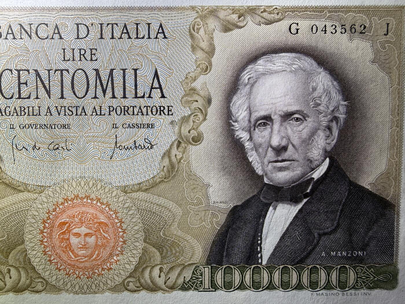 《艾美收藏》第227期-1.3周六外币黄金场-马年首拍 意大利100000里拉 UNC 1970年 意大利作家曼佐尼 稀少品种
