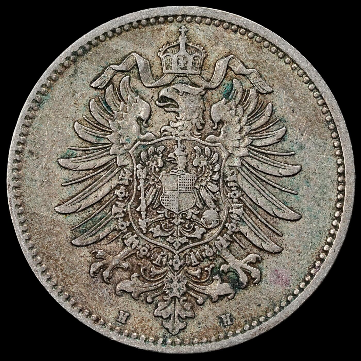 修遠堂世界钱币第一百期 1874年德国1马克银币 H厂铭，5.52g，含银90%