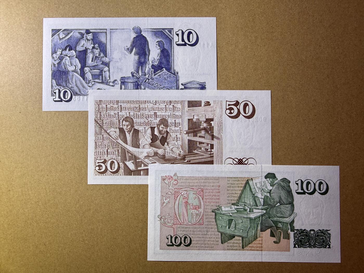 《艾美收藏》第227期-1.3周六外币黄金场-马年首拍 冰岛10、50、100克朗3张 UNC 全程无4