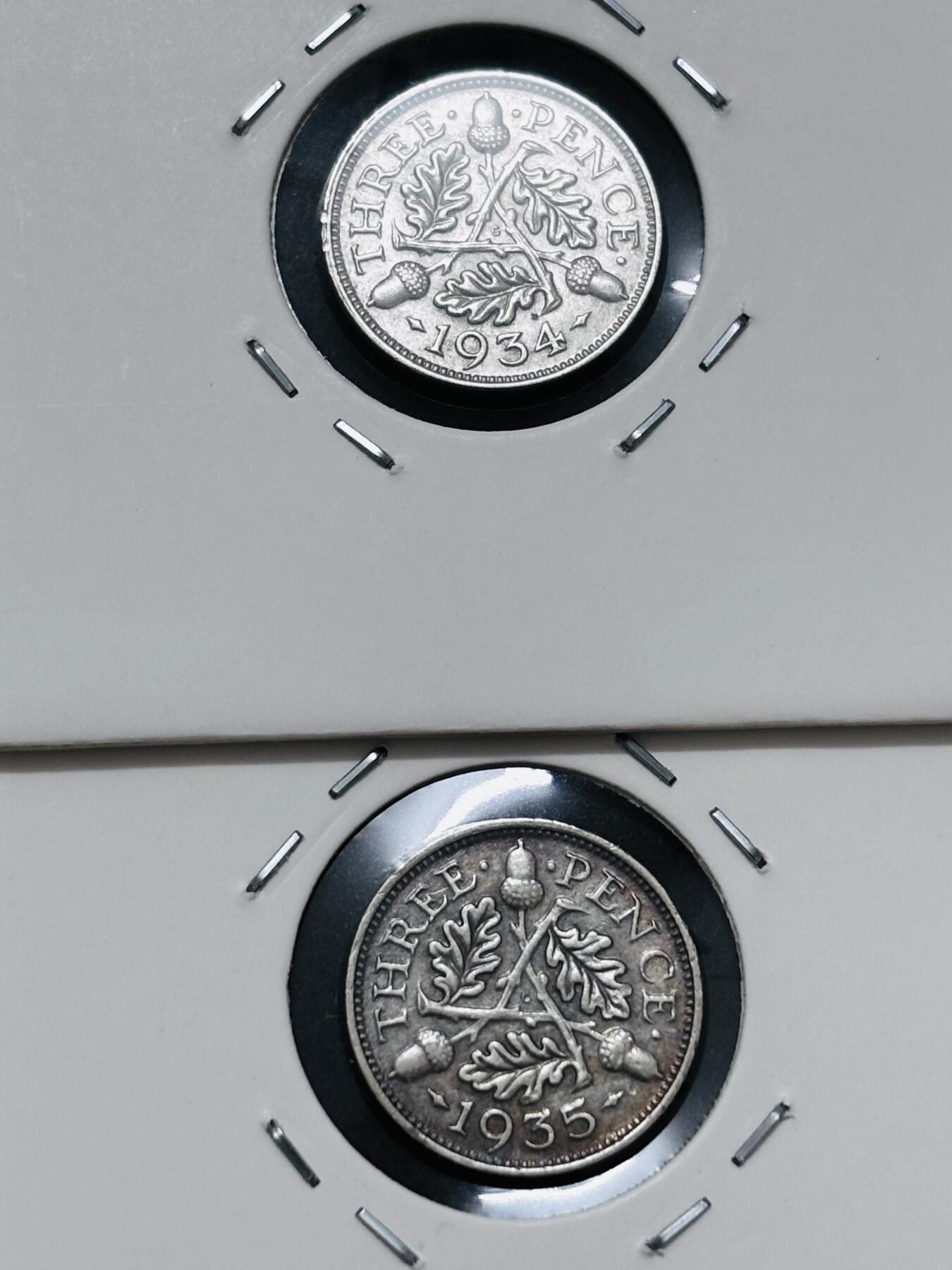 文馨钱币收藏 迎新纳福2026新年第一场（第 287 场）金银老铜币拍卖 极美品 1934-35 年英国乔治五世 3 便士银币 2 枚，1.41 克 500 银