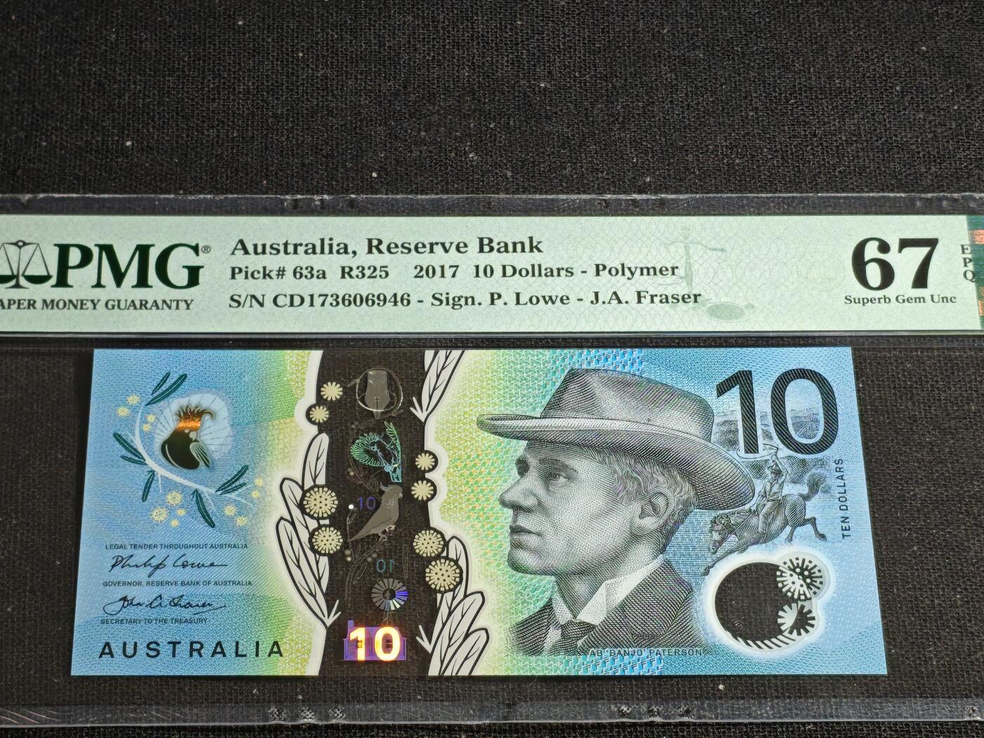 刘世昌艺术品销售中心～虎踞龙蟠*金杨在线联拍群第513期 澳大利亚2017年10元（PMG 67E 号码：CD173606946）1枚。