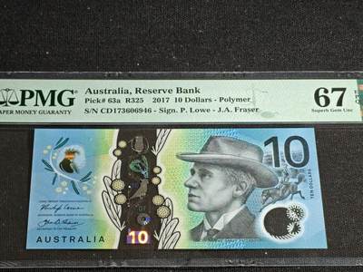 刘世昌艺术品销售中心～虎踞龙蟠*金杨在线联拍群第513期 - 澳大利亚2017年10元（PMG 67E 号码：CD173606946）1枚。