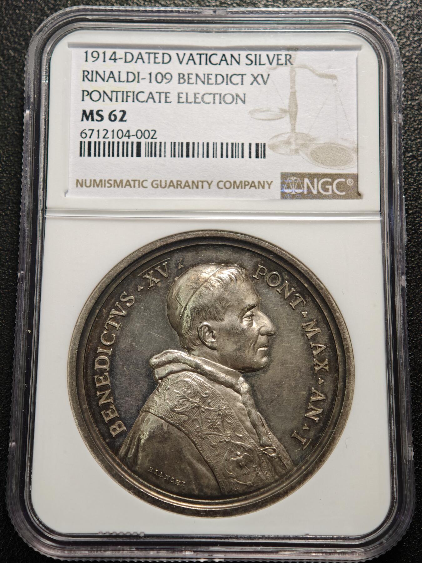 【德藏】世界币章拍卖第160期 1914年 梵蒂冈本笃十五世教皇宗教选举会议纪念银章 NGC MS62 原味包浆