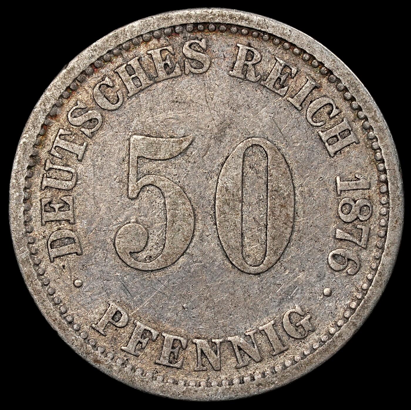 修遠堂世界钱币第一百期 1876年德国50芬尼银币 J厂铭，2.57g，含银90%