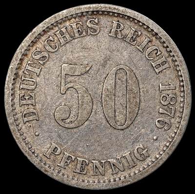 修遠堂世界钱币第一百期 - 1876年德国50芬尼银币 J厂铭，2.57g，含银90%