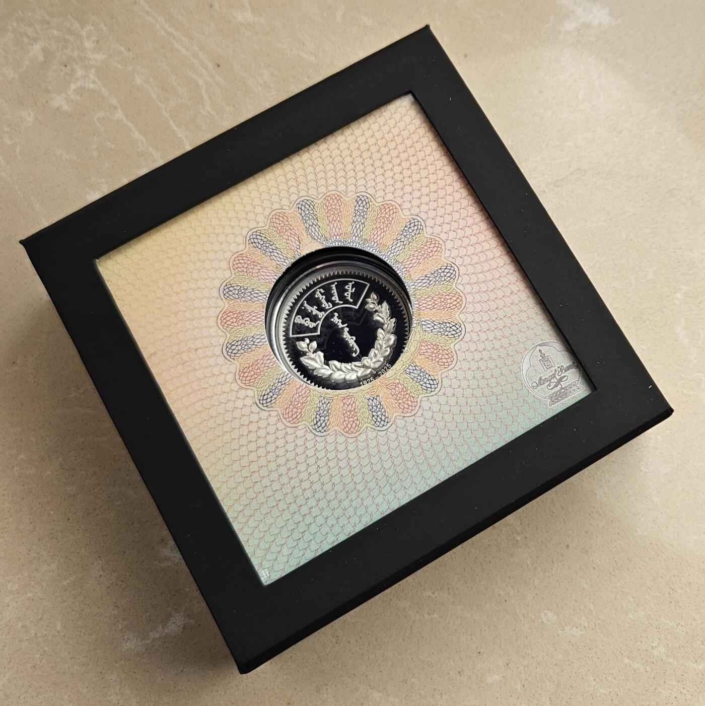 【币将精彩】世界钱币拍卖（2026-1-7） 蒙古2025年货币发行100年纪念银币，纯银1盎司，发行量500枚，带证书包装，CIT制造，蒙古国家银行承销。 ​