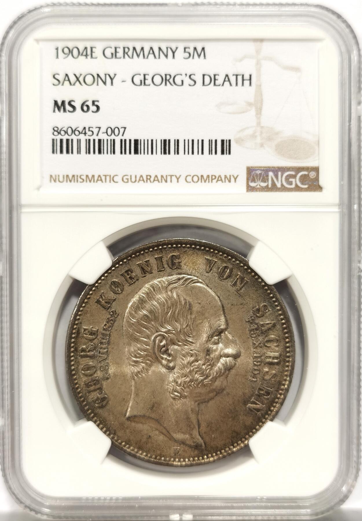 博洋堂“岁启嘉年”2026新年精品大拍专场暨第155期（全场包邮） NGC MS65 德国萨克森1904年乔治国王逝世5马克银币，老五彩，状态非常！