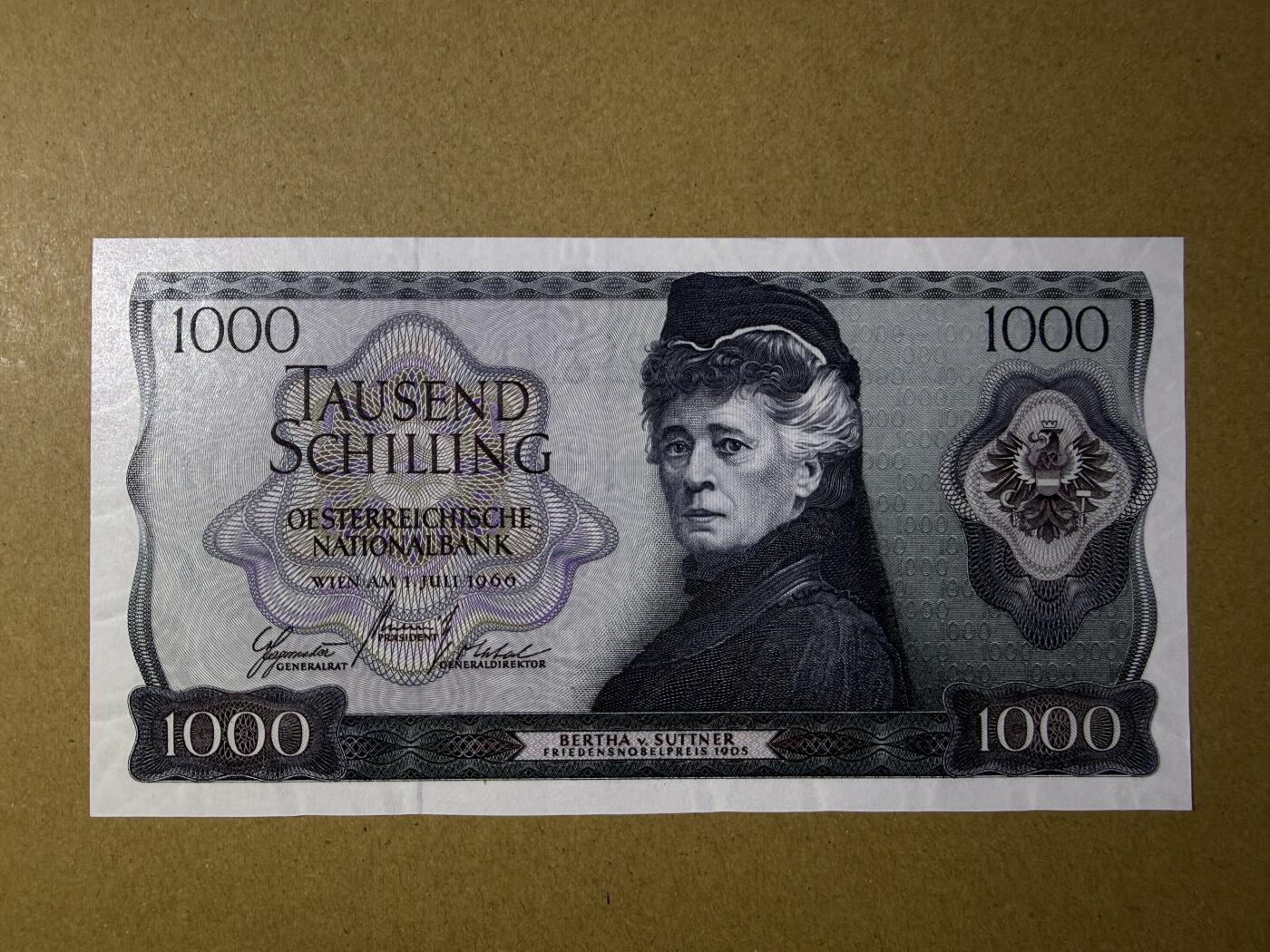 《艾美收藏》第227期-1.3周六外币黄金场-马年首拍 奥地利1000先令 UNC 1966年 奥地利女作家苏特纳 无4绝品