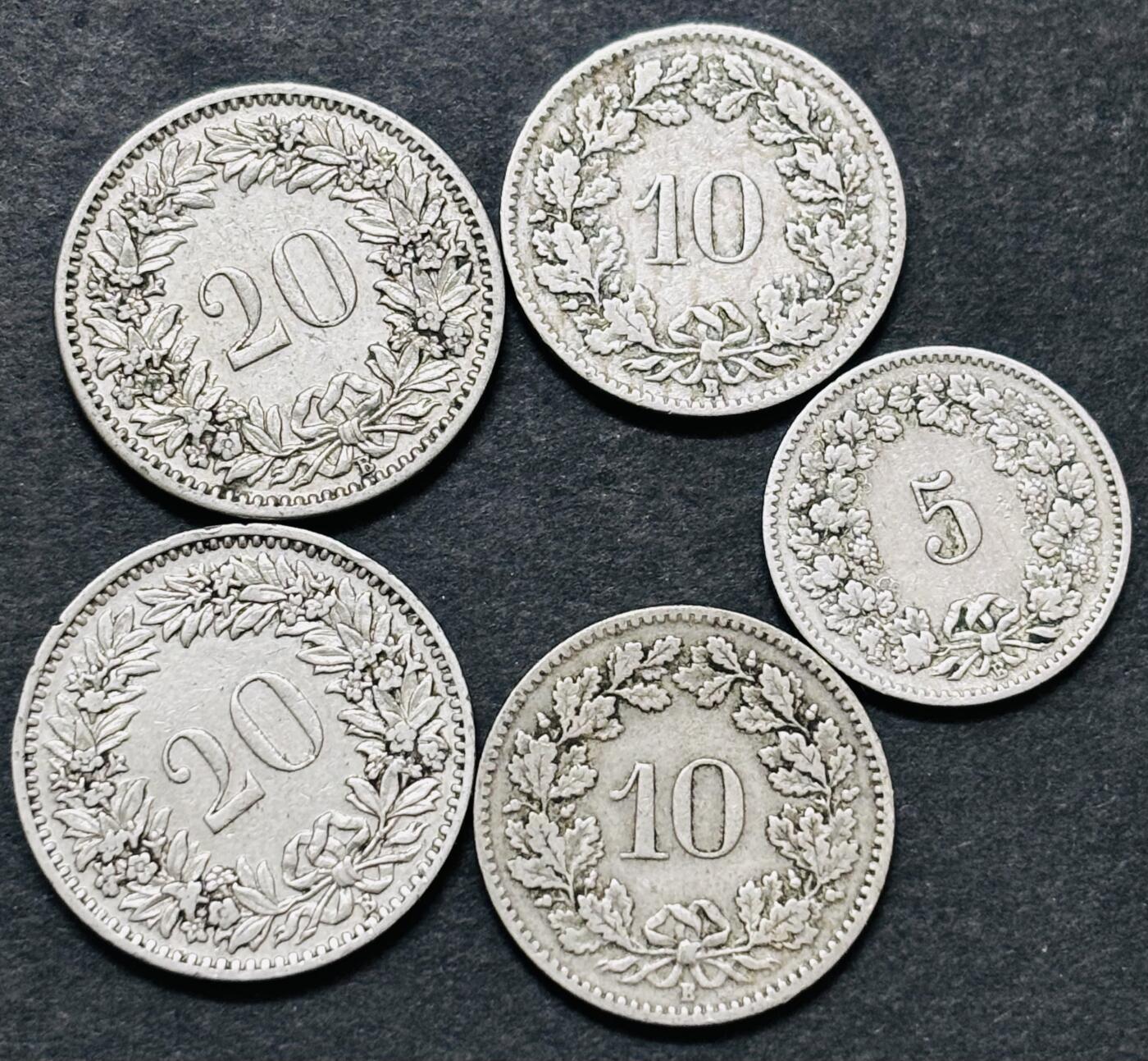 文馨钱币收藏 迎新纳福2026新年第一场（第 287 场）金银老铜币拍卖 少见早期年份 1907-1911 年瑞士 5-10-20 生丁 5 枚，对应清朝光绪，宣统时期，早期年份美品更是不多见，网上随便一个也要几十元一枚