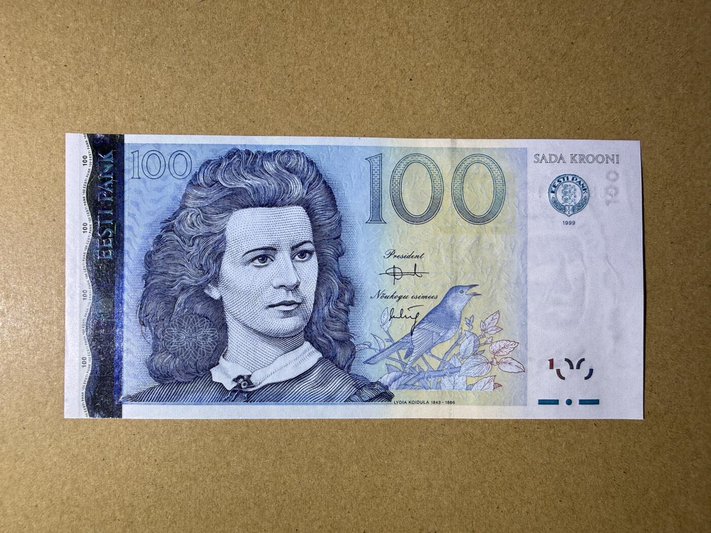 《艾美收藏》第227期-1.3周六外币黄金场-马年首拍 爱沙尼亚100克朗 UNC 1999年 爱沙尼亚诗人科伊杜娜 无47