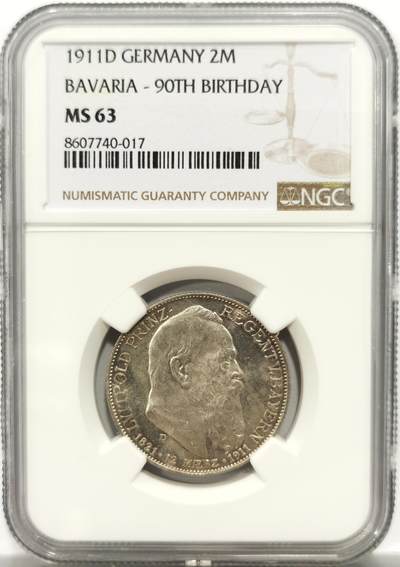 博洋堂“岁启嘉年”2026新年精品大拍专场暨第155期（全场包邮） - NGC MS63 德国巴伐利亚1911年柳特波德寿辰纪念2马克银币 转光强烈