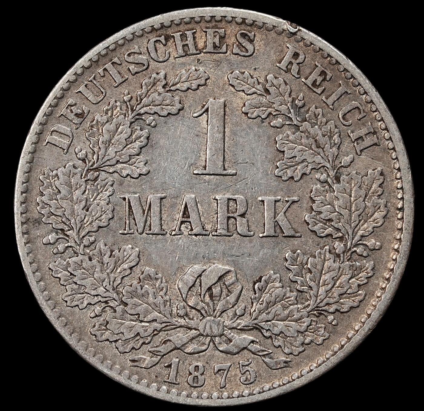 修遠堂世界钱币第一百期 1875年德国1马克银币 D厂铭，5.51g，含银90%