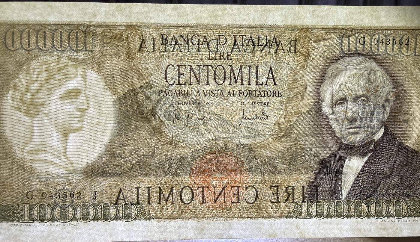 《艾美收藏》第227期-1.3周六外币黄金场-马年首拍 意大利100000里拉 UNC 1970年 意大利作家曼佐尼 稀少品种