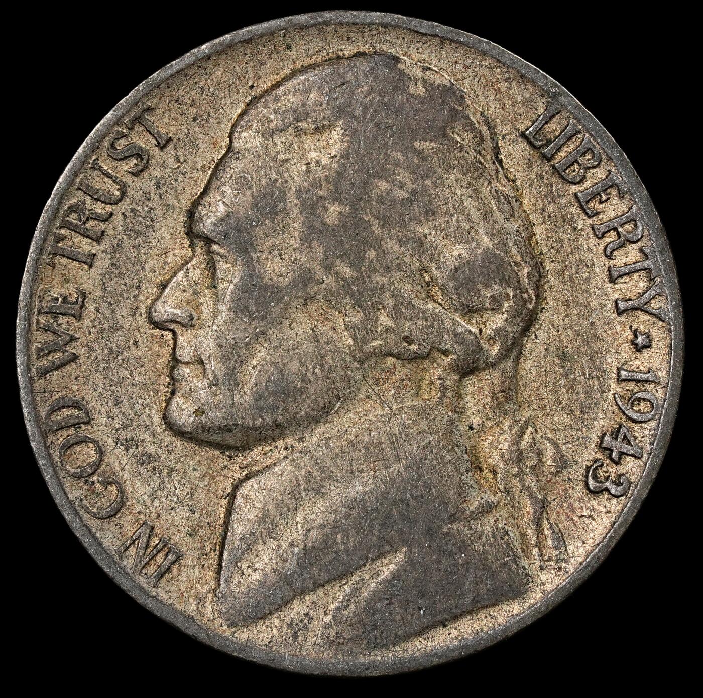 修遠堂世界钱币第一百期 1943年美国含银5美分 4.75g，含银35%