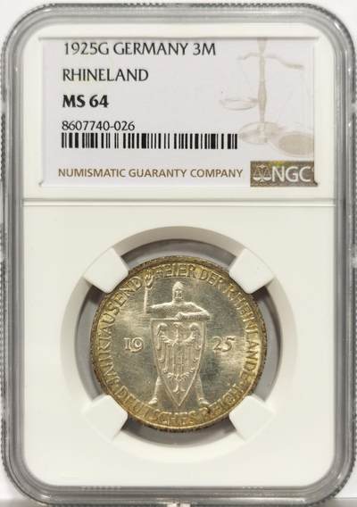 博洋堂“岁启嘉年”2026新年精品大拍专场暨第155期（全场包邮） - NGC MS64 德国魏玛1925年莱茵千年3马克银币 黄油彩转光明显