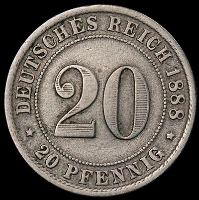 修遠堂世界钱币第一百期 - 1888年德国20芬尼，F厂铭，铜镍合金
