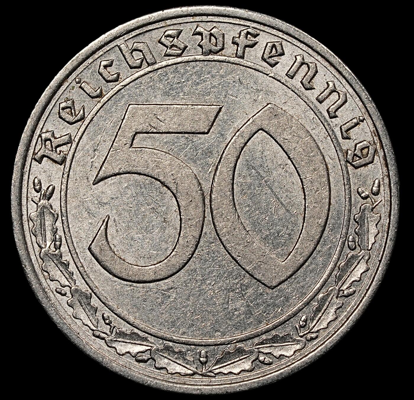 修遠堂世界钱币第一百期 1939年德国50芬尼坦克币，A厂铭