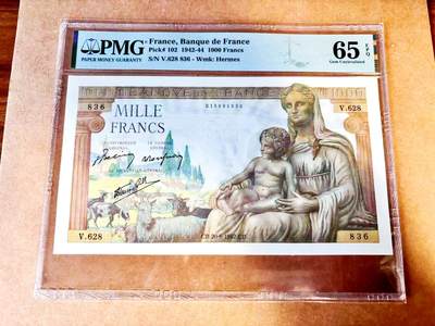 【Blue Auction】世界纸币精拍第771期——18级TOP拍卖/信誉/品质/专业/高效💫 - 【无47】法国 1942年1000法郎 大票幅 墨丘利 PMG65EPQ 