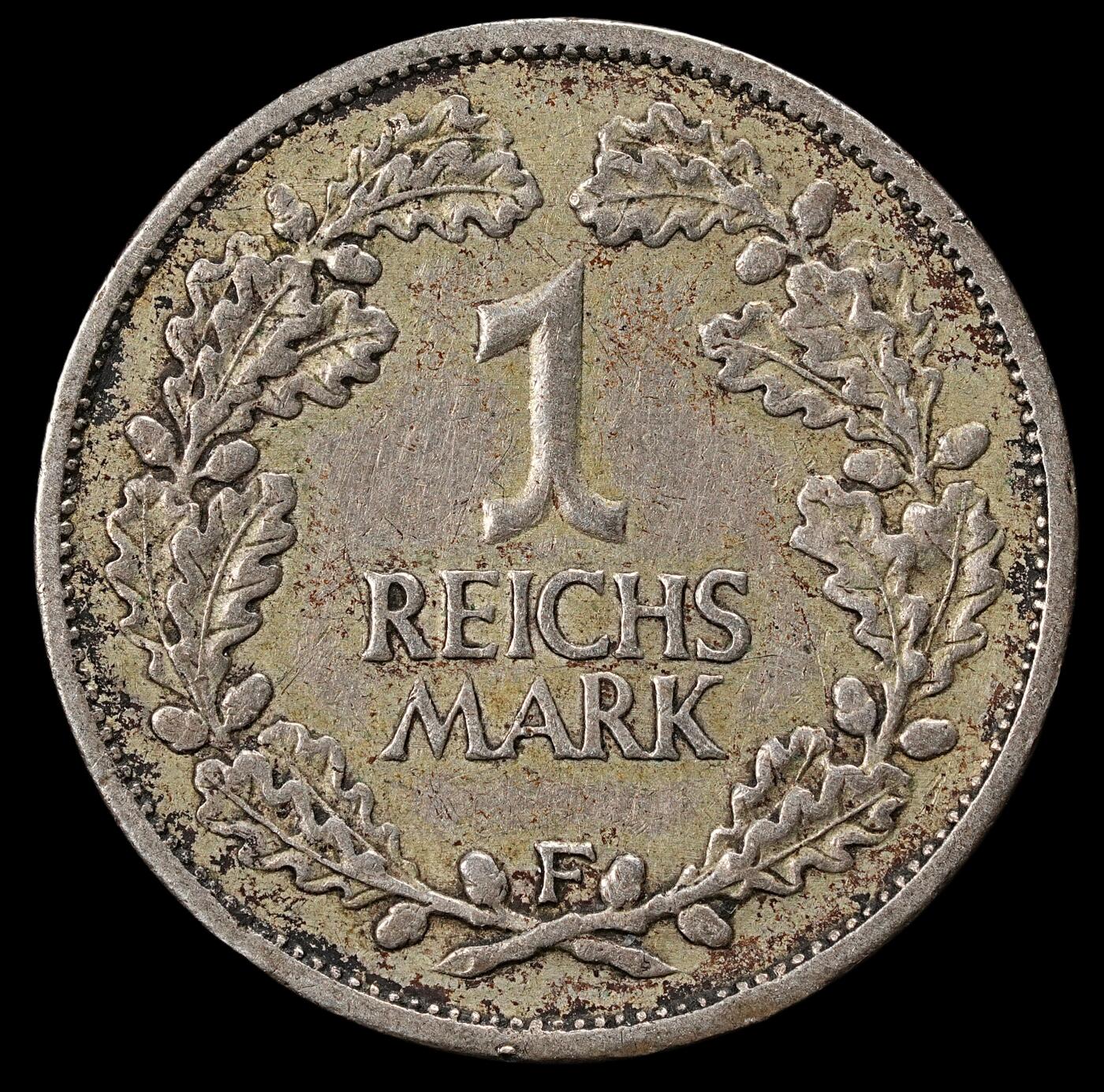 修遠堂世界钱币第一百期 1925年德国1马克银币 F厂铭，5.00g，含银50%