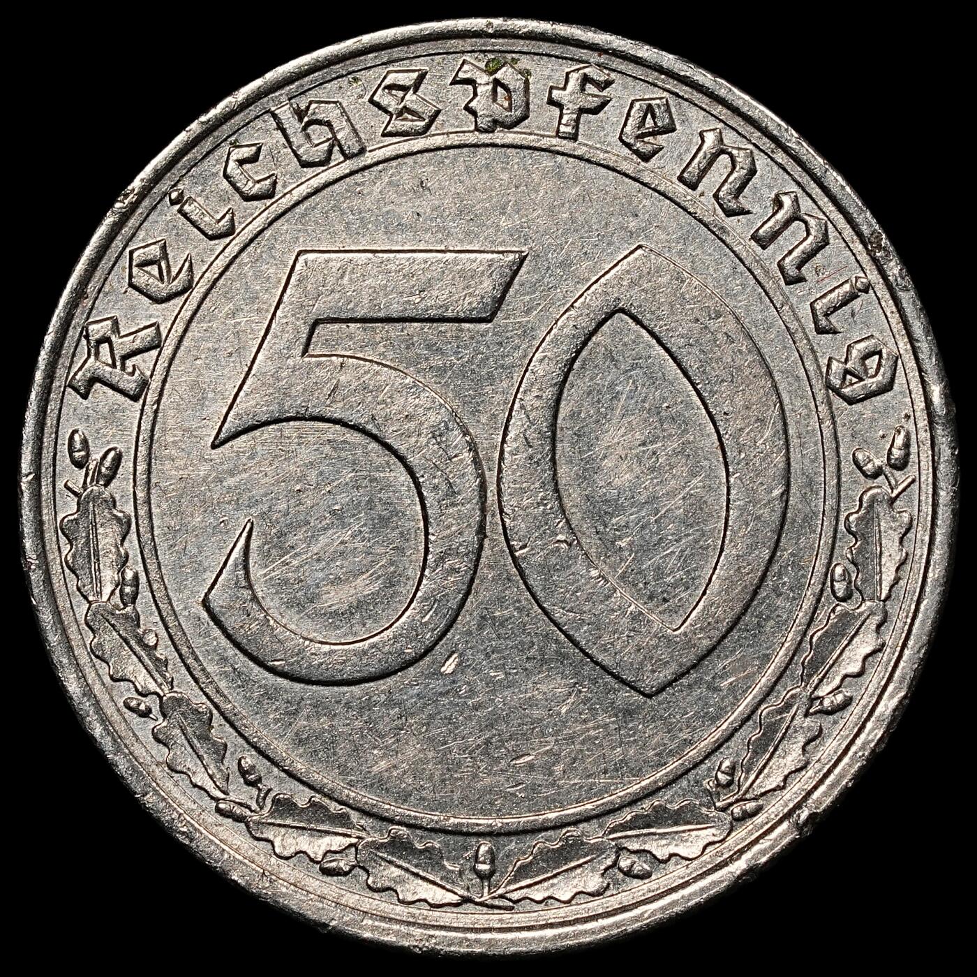 修遠堂世界钱币第一百期 1939年德国50芬尼坦克币，J厂铭