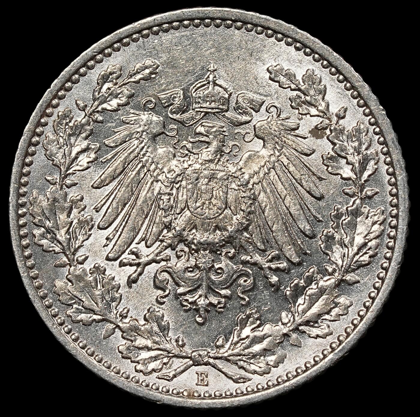 修遠堂世界钱币第一百期 1915年德国1/2马克银币 E厂铭，未流通，2.77g，含银90%