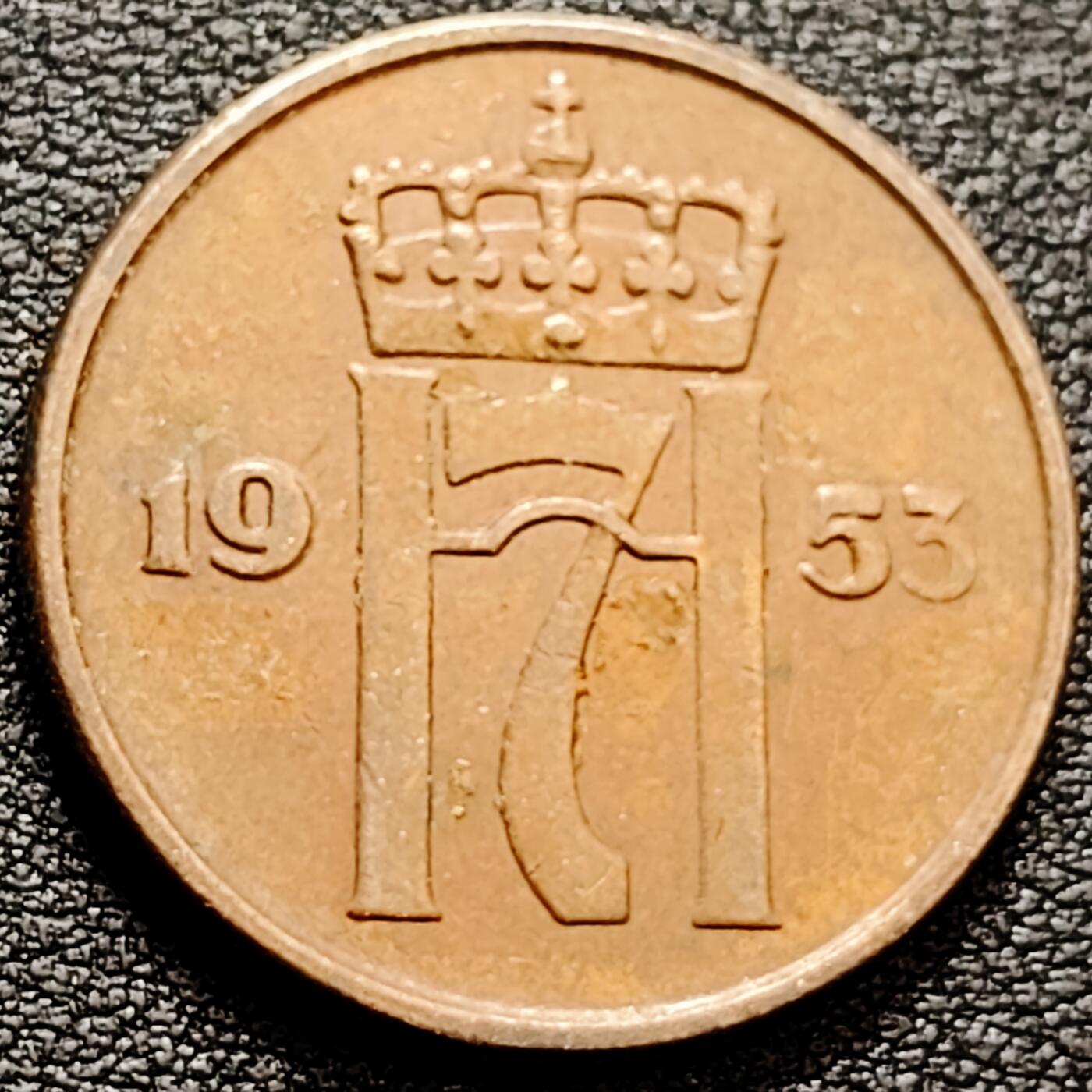 泉币菌-第160场-新年第三场 精品福利场 美品 哈康七世 挪威5欧尔青铜硬币1953年 皇冠王冠 27.0毫米8.0克