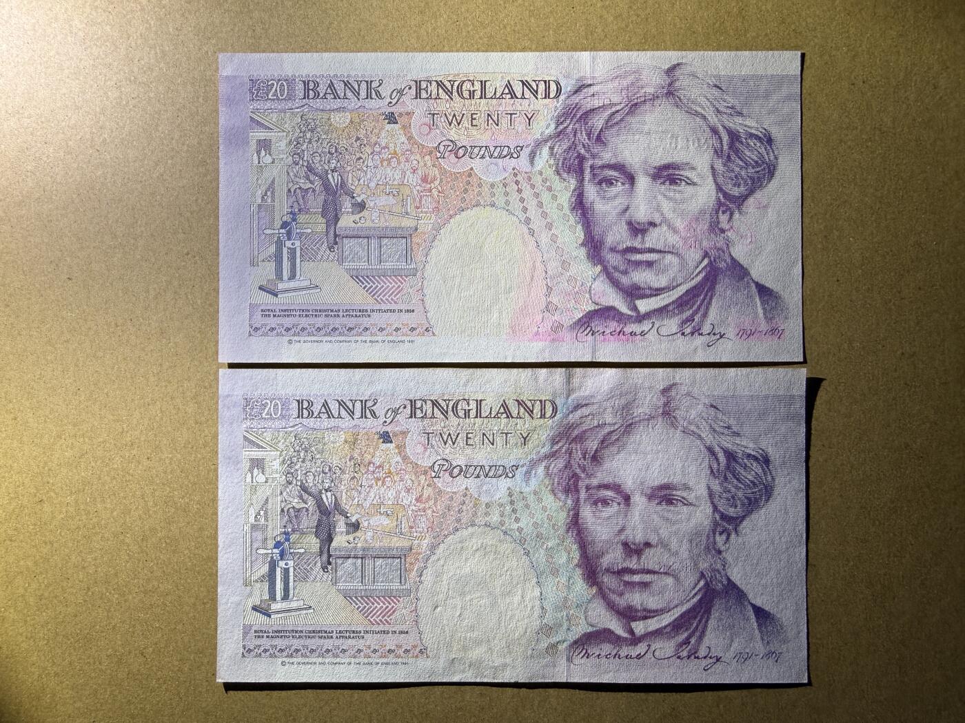 《艾美收藏》第227期-1.3周六外币黄金场-马年首拍 英格兰20镑2张 AU E序列皇冠版不同签名 汇率近400元 无4