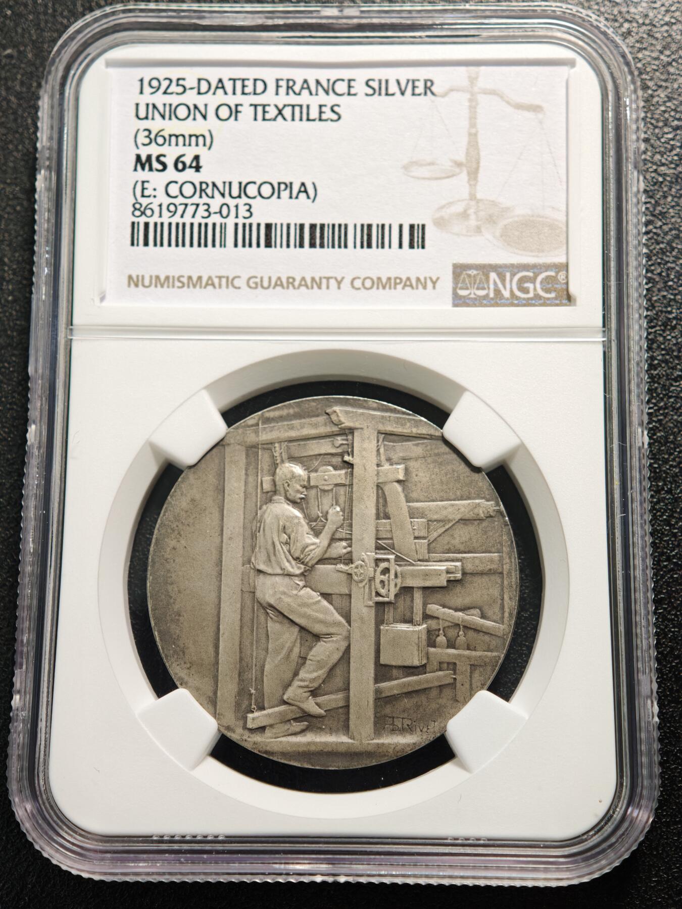 【德藏】世界币章拍卖第160期 1925年 法国纺织品联盟纪念银章 NGC MS64 细节刻画极其细致 原味包浆