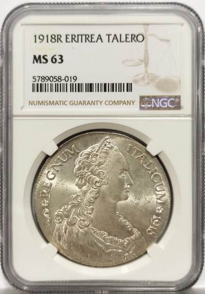 博洋堂“岁启嘉年”2026新年精品大拍专场暨第155期（全场包邮） - NGC MS63 意属厄立特里亚1918年女神泰勒，仅铸于1918年的贸易泰勒，MS63满状态，整币强转光，银面流动感非常漂亮。正面大波浪女神线条舒展、神态优雅，是意属系列中公认颜值最高的一枚。背面拉丁文意为“用于促进厄立特里亚贸易的银币”，定位明确，罗马铸（R 标），无定模打制，直径浮动，平均约40mm，典型贸易币特征。该币假货极多，高分评级币少，63分一步到位买盒即安心。