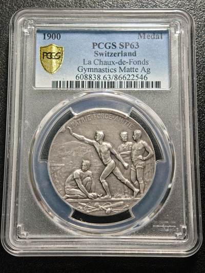 【德藏】世界币章拍卖第160期 - 1900年瑞士拉绍德封体育节银章 PCGS SP63 人物形象生动 